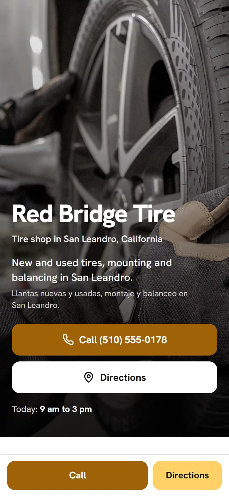 Example site for Red Bridge Tire, a tire shop in San Leandro, on a phone