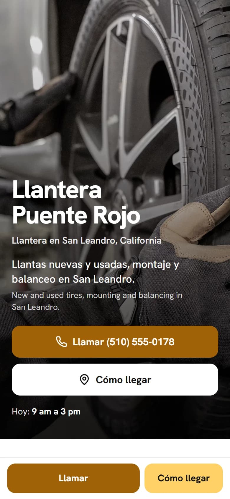 Página de ejemplo de Llantera Puente Rojo, llantera en San Leandro, vista en un teléfono