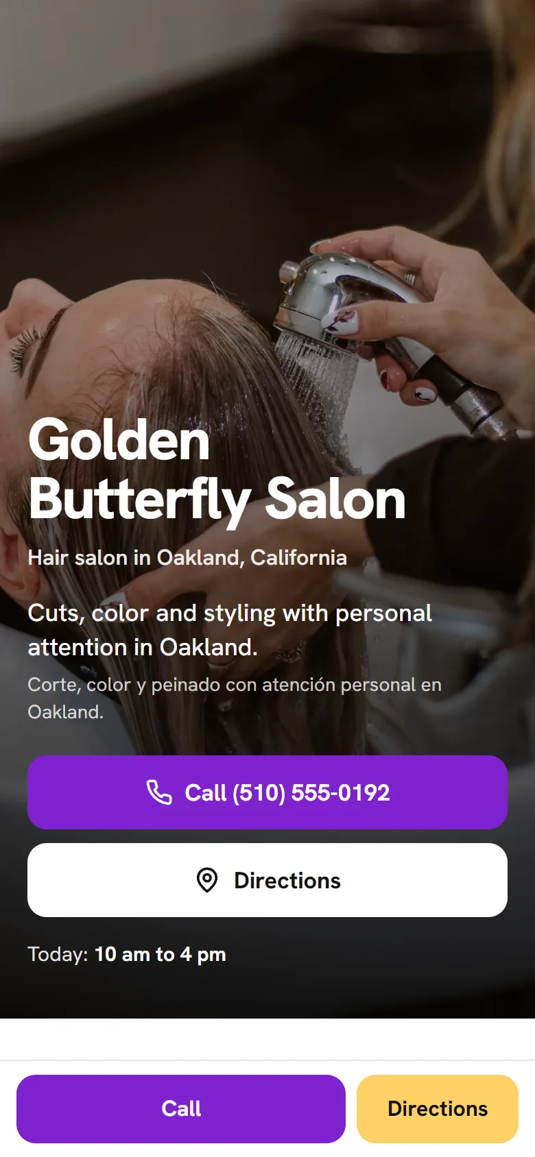 Example site for Golden Butterfly Salon, a hair salon in Oakland, on a phone