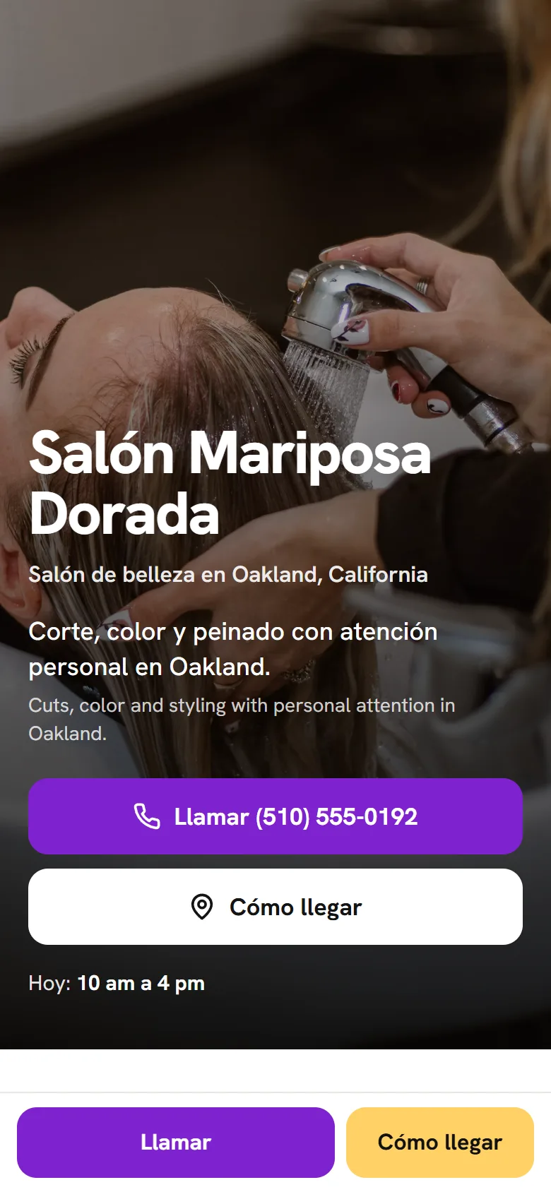 Página de ejemplo de Salón Mariposa Dorada, salón de belleza en Oakland, vista en un teléfono
