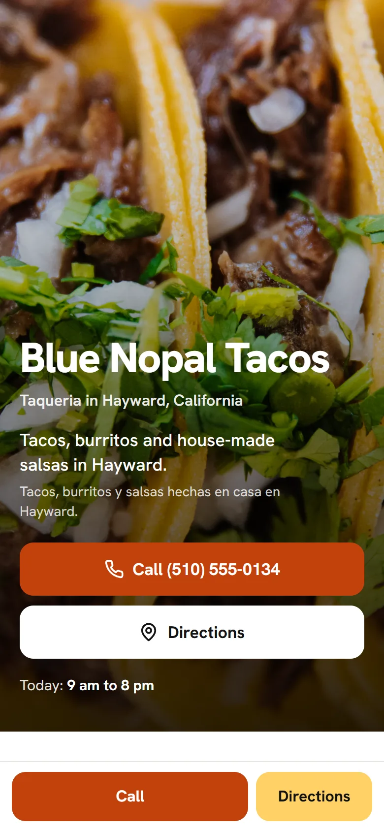 Example site for Blue Nopal Tacos, a taqueria in Hayward, on a phone