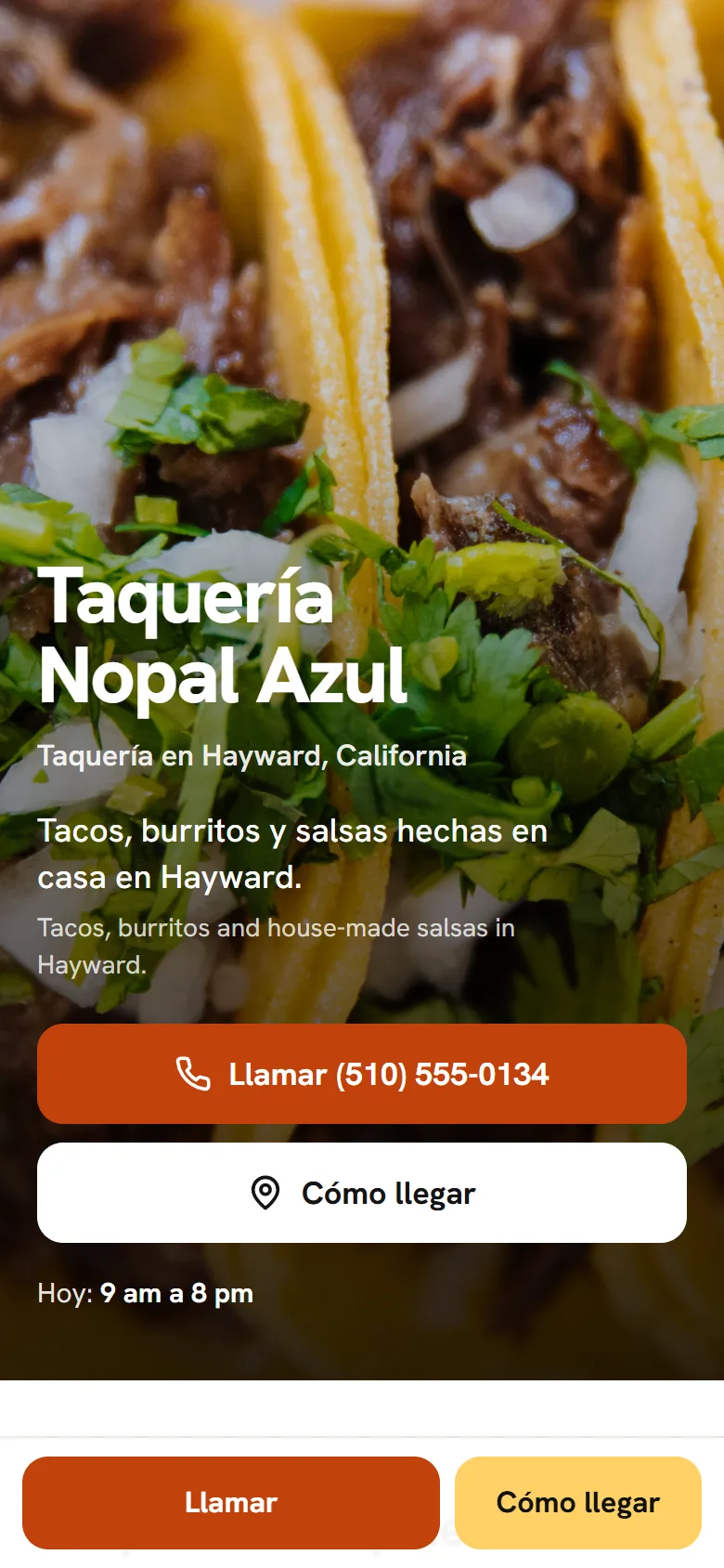 Página de ejemplo de Taquería Nopal Azul, taquería en Hayward, vista en un teléfono