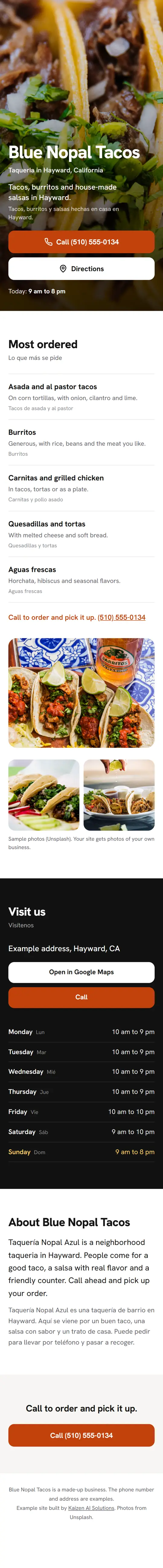 The example site for Blue Nopal Tacos on a phone: photo, name, call and directions buttons, today’s hours and the start of the menu